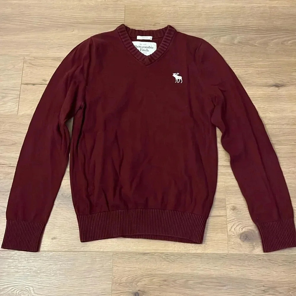 A & F | Y2K v-neck Muscle pullover sweater Mens size L moose logo fitted maroon - Picture 8 of 8